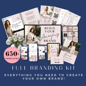 May include: A branding kit with over 650 templates to help you build your brand. The kit includes a business plan, ebook template, brand guidelines, and social media graphics. The kit is pink and white with a modern design.