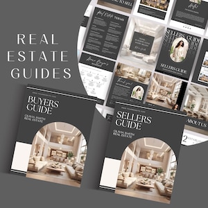 May include: A set of real estate guides for buyers and sellers. The guides feature a modern design with a gray background and white text. The guides include information on real estate terms, home buyer's roadmap, and seller's guide. The guides are designed by Olivia Smith Real Estate.