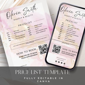 Puede incluir: Una plantilla de lista de precios de maquillaje rosa y dorado en papel y un teléfono inteligente. La lista de precios incluye servicios como depilación de cejas, tinte de pestañas y maquillaje completo. Totalmente editable en Canva.