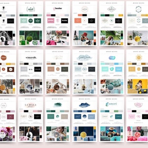 Op de afbeelding: Een verzameling van merkboards met verschillende logo's, kleurenpaletten en moodboards. De logo's zijn voor bedrijven zoals een fotostudio, een kledingwinkel en een schoonheidssalon. De kleurenpaletten zijn een mix van felle en gedempte kleuren, en de moodboards bevatten afbeeldingen van natuur, mode en lifestyle.