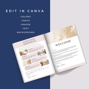 May include: A pink and white coaching resource guide with a welcome message. The guide includes coaching resources, a welcome message, and a place for the coach's name.