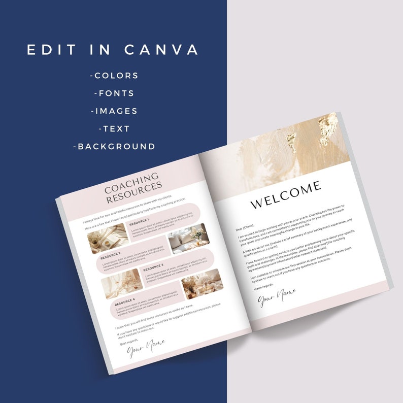 May include: A pink and white coaching resource guide with a welcome message. The guide includes coaching resources, a welcome message, and a place for the coach's name.