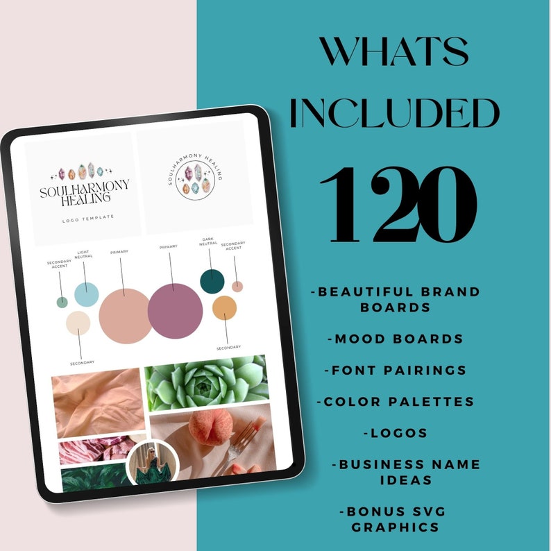 Op de afbeelding: Een digitaal tabletscherm toont een mockup van een logo-ontwerp voor een bedrijf genaamd "Soul Harmony Healing". Het scherm toont ook kleurpaletten, lettertypecombinaties en moodboards. De tekst "Whats Included 120" wordt weergegeven op een turquoise achtergrond.