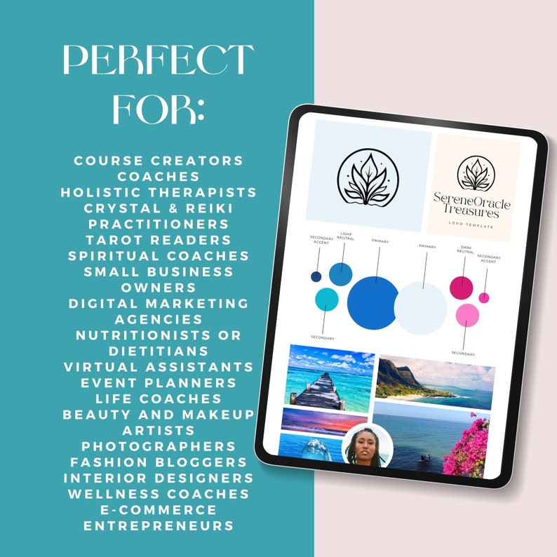 Op de afbeelding: Een digitaal tabletscherm toont een logo-ontwerptemplate met een groen plantenmotief, kleurpaletten en verschillende afbeeldingen. De tekst "Serene Oracle Treasures Logo Template" is zichtbaar op het scherm. De tekst "PERFECT FOR" wordt weergegeven op een teal achtergrond met een lijst van beroepen en bedrijven die de logo-template zouden kunnen gebruiken.