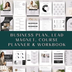 May include: A business plan, lead magnet, course planner, and workbook template with a green background. The template includes sections for financial goals, services, a project timeline, and contact information. The template is designed to help entrepreneurs and business owners create a comprehensive business plan.