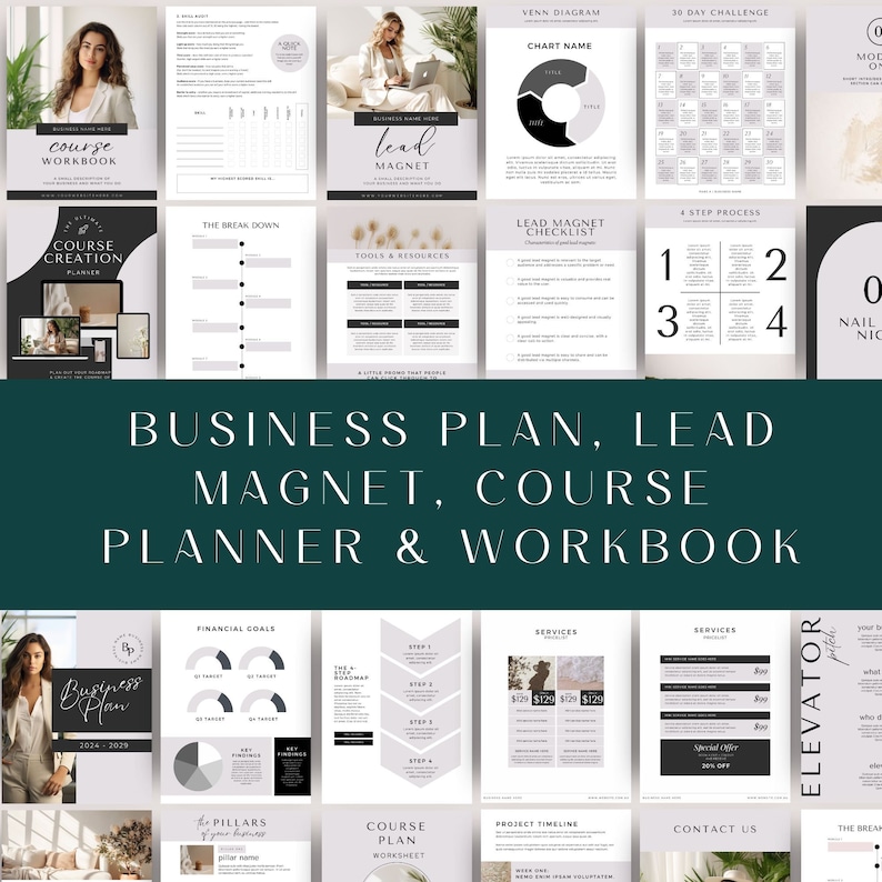 May include: A business plan, lead magnet, course planner, and workbook template with a green background. The template includes sections for financial goals, services, a project timeline, and contact information. The template is designed to help entrepreneurs and business owners create a comprehensive business plan.