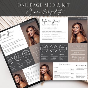 May include: A one-page media kit template for a blog or social media influencer. The template features a photo of a woman, audience demographics, services offered, and contact information. The text includes the name "Olivia Jones", the blog name, and the website address. The template is designed in a modern and minimalist style with a brown and gray color scheme.