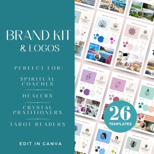 以下が含まれることがあります： ターコイズブルーの背景に、白い文字で「BRAND KIT & LOGOS」と表示されています。テキストの下には、「PERFECT FOR:」というフレーズがあり、その後に「SPIRITUAL COACHES」、「HEALERS」、「CRYSTAL PRATITIONERS」、「TAROT READERS」というサービスのリストが続きます。「EDIT IN CANVA」というテキストは画像の下部に表示されています。画像には、さまざまなロゴ、カラーパレット、フォントを使用した26種類のブランドボードも含まれています。「26 TEMPLATES」というテキストは画像の中央に表示されています。