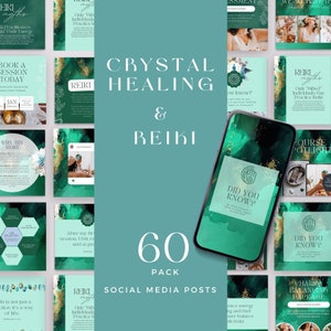 May include: A pack of 60 social media posts designed for crystal healing and Reiki practitioners. The posts feature a green and gold colour scheme with text overlays. The text includes phrases such as "Did you know?" and "Crystal Healing & Reiki".