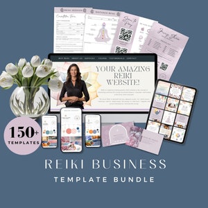 Könnte beinhalten: Eine Sammlung von über 150 digitalen Vorlagen für eine Reiki-Website. Die Vorlagen bieten eine Vielzahl von Designs, darunter ein Website-Mockup, Social-Media-Grafiken und Branding-Elemente. Die Vorlagen sind in einer weichen, pastellfarbenen Farbpalette mit floralen Akzenten gestaltet.