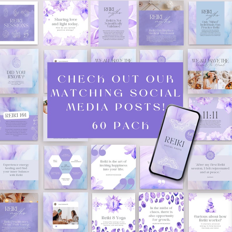 Pu&ograve; includere: Un collage di post sui social media che promuovono i servizi di Reiki. I post presentano sfondi ad acquerello con fiori viola e bianchi, e testo che include "Sessioni di Reiki", "Reiki 101", "Miti del Reiki", "Abbiamo tutti il potere di guarire", e "Scopri i nostri post sui social media abbinati! Confezione da 60".