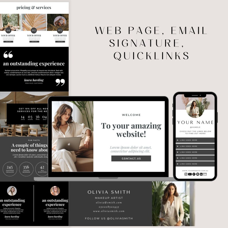 Peut inclure: Une maquette de conception de site Web avec un sch&eacute;ma de couleurs noir et blanc. Le site Web pr&eacute;sente un message de bienvenue, "Bienvenue sur votre incroyable site Web !" avec un bouton d'appel &agrave; l'action qui dit "Contactez-nous". Le site Web comprend &eacute;galement une section avec des faits amusants sur l'entreprise, notamment le nombre de clients servis, le nombre d'heures travaill&eacute;es et le nombre de nuits pass&eacute;es &agrave; travailler. Le site Web comprend &eacute;galement une section avec des t&eacute;moignages de clients satisfaits.