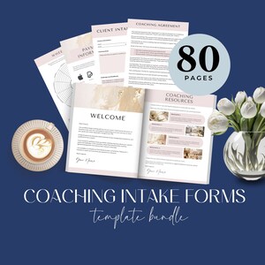 May include: A set of 80 pages of coaching intake forms templates in a pink and gold color scheme. The pages include a welcome page, coaching agreement, client intake form, payment information, and coaching resources.