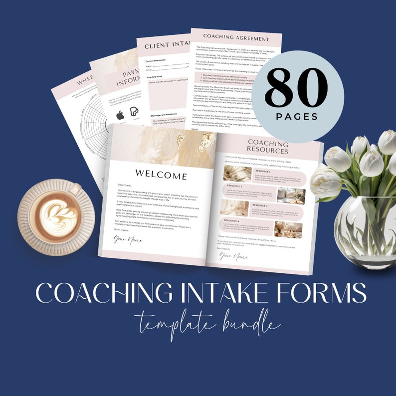 May include: A set of 80 pages of coaching intake forms templates in a pink and gold color scheme. The pages include a welcome page, coaching agreement, client intake form, payment information, and coaching resources.