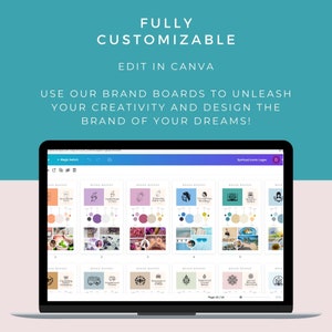 Op de afbeelding: Een laptopscherm dat een Canva-ontwerptemplate weergeeft met de tekst "FULLY CUSTOMIZABLE EDIT IN CANVA" en "USE OUR BRAND BOARDS TO UNLEASH YOUR CREATIVITY AND DESIGN THE BRAND OF YOUR DREAMS!" Het scherm toont meerdere merkboards met verschillende kleurenpaletten, logo's en afbeeldingen.