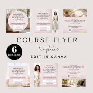 May include: Six pink and white course flyer templates for a women's leadership masterclass. The templates feature a woman in a white blazer and a laptop with a pink background. The text on the templates reads "Rise and Thrive Women's Leadership Masterclass".
