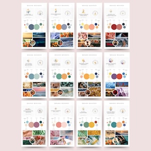 Op de afbeelding: Een verzameling van 12 merkboards met verschillende kleurenpaletten, logo's en moodboards. Elk board heeft een bloemig logo met een vogel, een kleurenpalet met vijf kleuren en een moodboard met afbeeldingen die bij het merk passen.