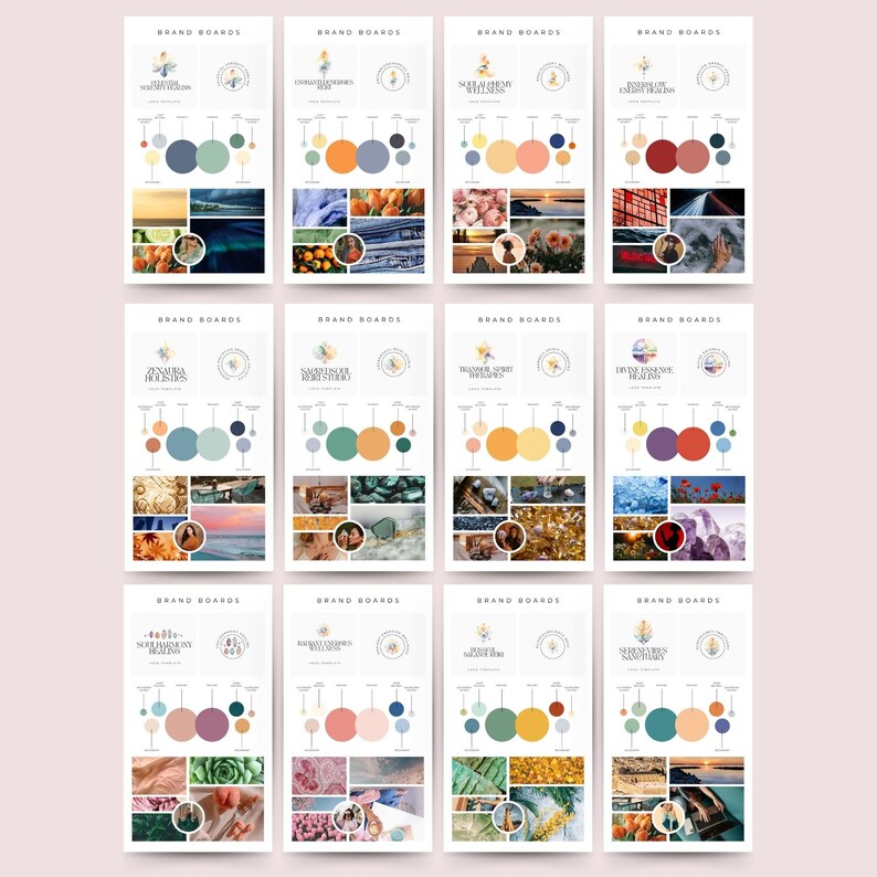 Op de afbeelding: Een verzameling van 12 merkboards met verschillende kleurenpaletten, logo's en moodboards. Elk board heeft een bloemig logo met een vogel, een kleurenpalet met vijf kleuren en een moodboard met afbeeldingen die bij het merk passen.