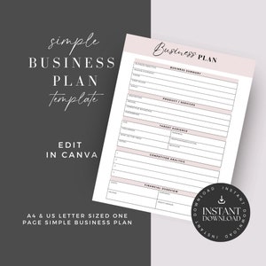 Puede incluir: Una plantilla de plan de negocios imprimible en rosa y blanco con el texto "simple BUSINESS PLAN template" y "Business PLAN" en una fuente manuscrita. La plantilla incluye secciones para el objetivo empresarial, la declaración de misión, la visión, los valores fundamentales, los objetivos, la descripción, el precio, la ventaja competitiva, la marca objetivo, el as, los desafíos, las necesidades, las notas, los productos/servicios, el público objetivo, el análisis de la competencia, la descripción general financiera, los costos, los ingresos, los gastos y el margen de beneficio. La plantilla está diseñada para ser editada en Canva y está disponible en tamaños A4 y carta de EE. UU.