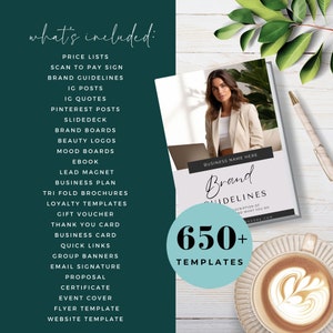 Peut inclure: Une maquette num&eacute;rique en noir et blanc d'un document de directives de marque avec le texte "Brand Guidelines" et "650+ Templates". Le document est sur un ordinateur portable avec une femme en blazer beige assise devant l'ordinateur. L'image est sur un fond vert avec une tasse de caf&eacute; et des feuilles vertes.