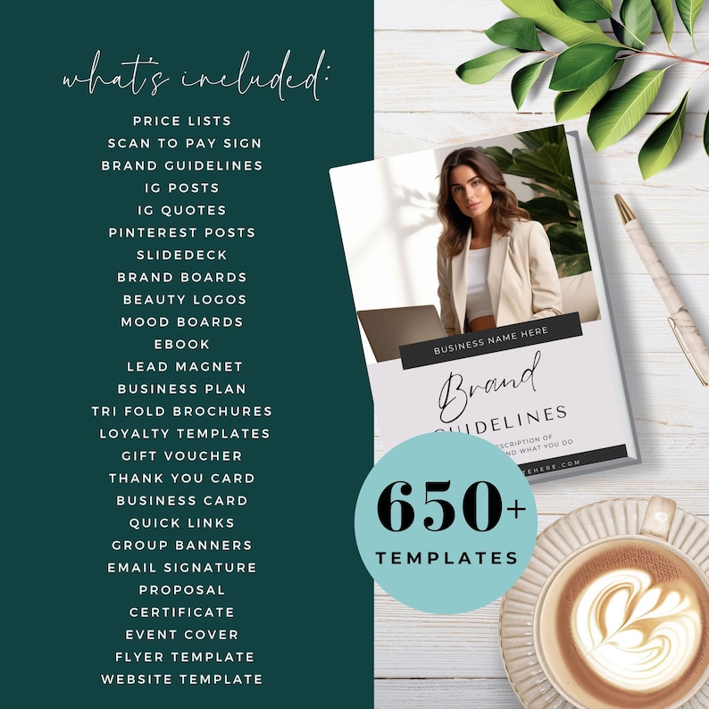 Peut inclure: Une maquette num&eacute;rique en noir et blanc d'un document de directives de marque avec le texte "Brand Guidelines" et "650+ Templates". Le document est sur un ordinateur portable avec une femme en blazer beige assise devant l'ordinateur. L'image est sur un fond vert avec une tasse de caf&eacute; et des feuilles vertes.