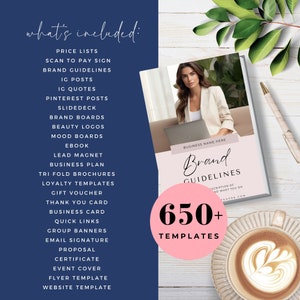 May include: A pink and white graphic with the text "Brand Guidelines" and "650+ Templates". The graphic is surrounded by a white background with a woman in a white blazer sitting on a couch in the background. The text "Business Name Here" is also visible.