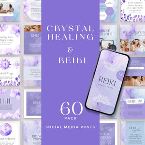 May include: A purple and white graphic design with the text "Crystal Healing & Reiki" and "60 Pack Social Media Posts". The design features a phone screen with a white mandala design on a purple background. The text "Reiki Social Posts" is on the phone screen.
