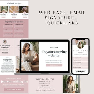 May include: A website design mockup with a pink and white color scheme. The website features a welcome message, contact information, and a call to action to join a mailing list. The website is designed for a makeup artist and includes the artist's name, email address, and website address.