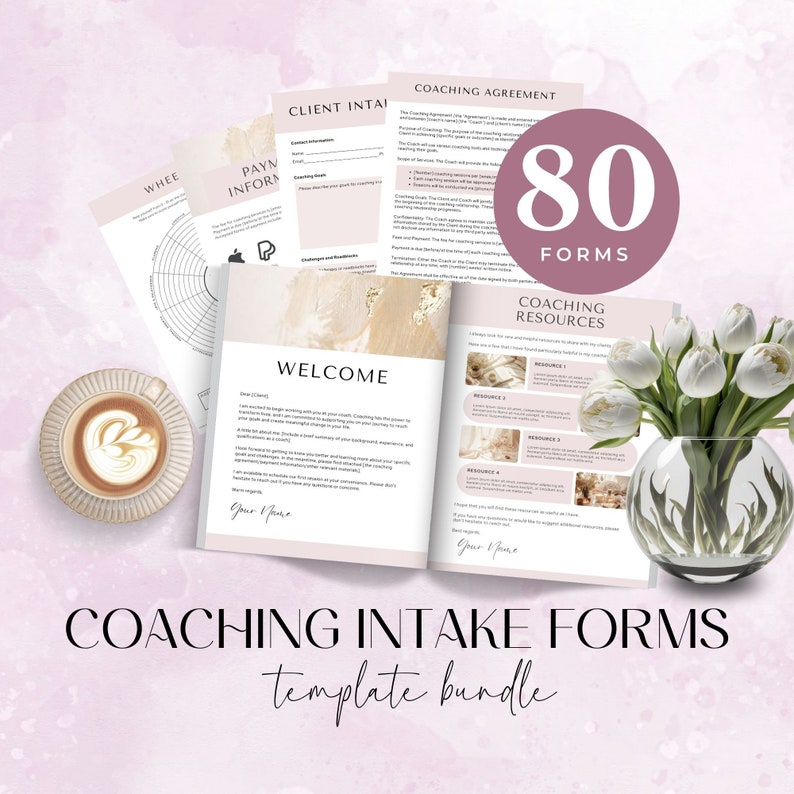 May include: A set of 80 printable coaching intake forms in a template bundle. The forms are designed to help coaches gather information from their clients. The forms are in a light pink and gold color scheme with a floral design.