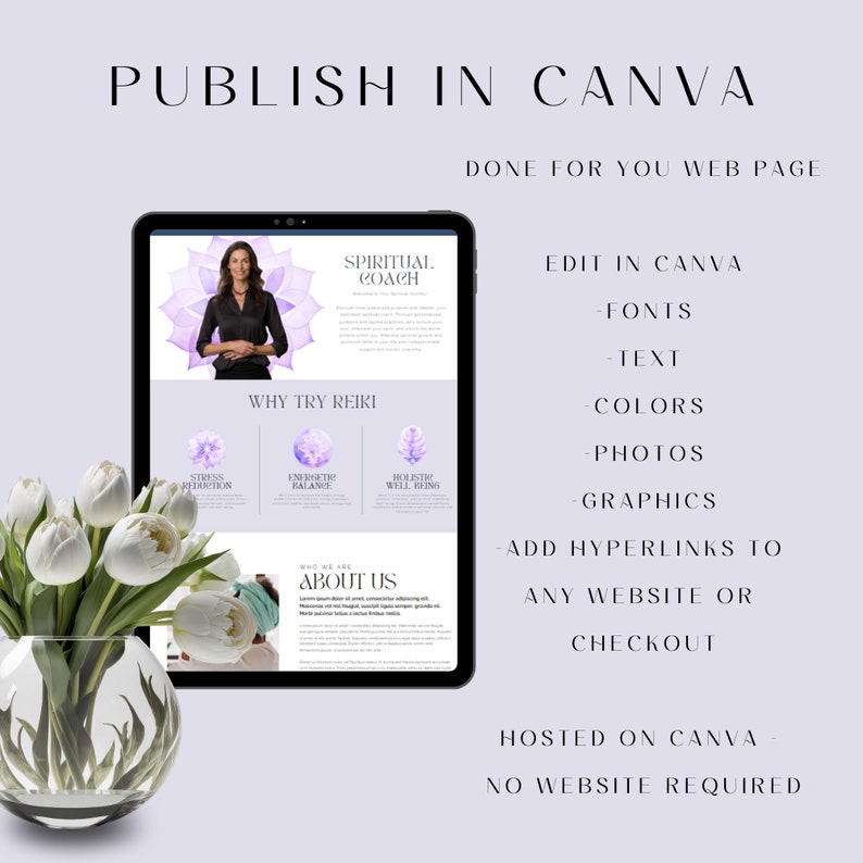 Pu&ograve; includere: Uno schermo di tablet che mostra una bozza di sito web per un coach spirituale. Il sito web presenta uno schema di colori viola e bianco con testo che recita "Coach spirituale", "Perch&eacute; provare il Reiki" e "Chi siamo". Il sito web &egrave; ospitato su Canva e pu&ograve; essere modificato con font, testo, colori, foto e grafica. Il sito web include anche collegamenti ipertestuali a qualsiasi sito web o checkout.