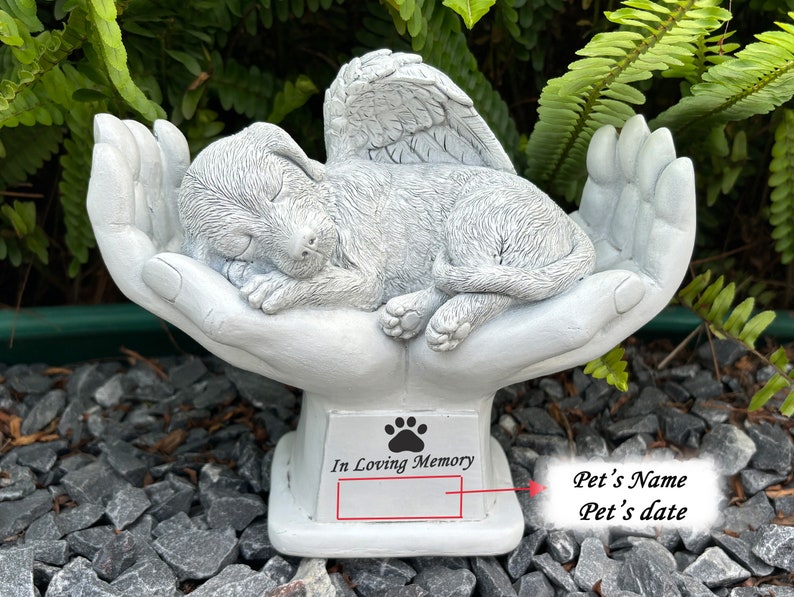 Personalized Angel Dog Memorial Statue, Resting in Peace in God's Hands, Pet Dog Memorial Grave Marker Stones, Gift to Remember A Lost Pets image 4