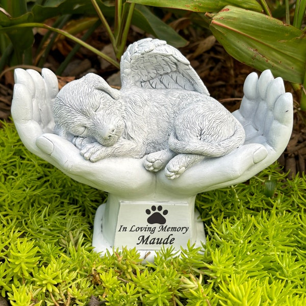 Personalized Angel Dog Memorial Statue, Resting in Peace in God's Hands, Pet Dog Memorial Grave Marker Stones, Gift to Remember A Lost Pets