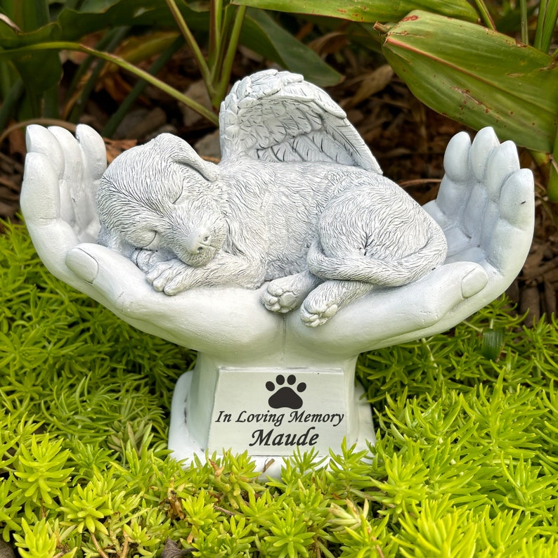 Personalized Angel Dog Memorial Statue, Resting in Peace in God's Hands, Pet Dog Memorial Grave Marker Stones, Gift to Remember A Lost Pets image 1