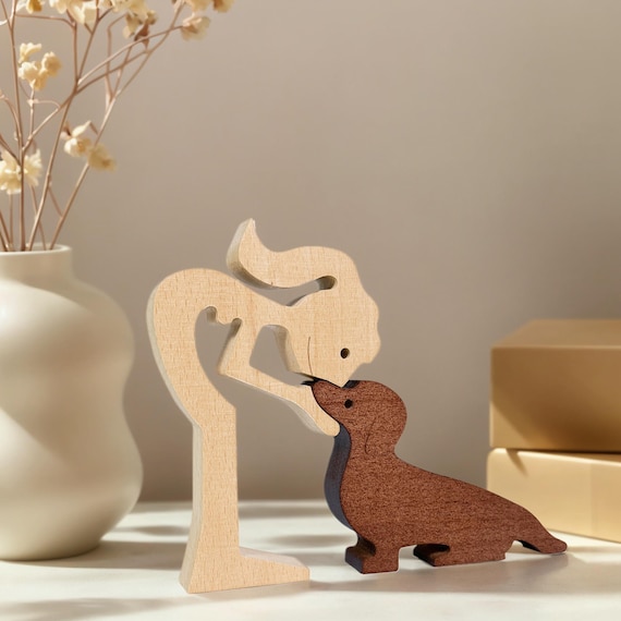 Sculpture En Bois Faite Main - Figurine Homme Et Chien, Cadeau Rustique Pour Amoureux Des Animaux De Compagnie, Décoration De Maison - France