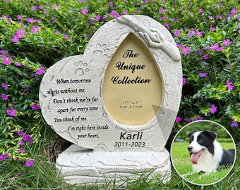 Personalized Paw Prints Pet Dog Memorial Stones, Heart Shaped with Photo Frame Pet Dog Garden Stones Grave Markers for Garden