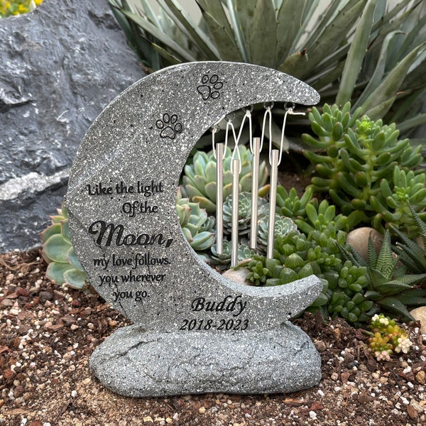 Personalized Pet Memorial Stones for Dogs or Cats,Moon Wind Chime Garden Stone Grave Marker, Waterproof Outdoor Pet Memorial Statue