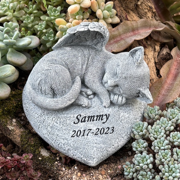 Personalized Angel Cat Memorial Grave Marker Tribute Statue, Garden Stones for Pet Cat Headstone Memorial Gifts, Engraved Memorial Stone Cat