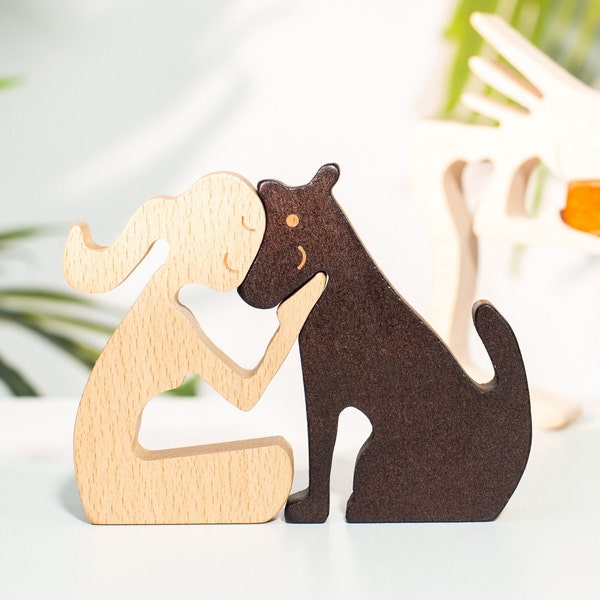 Personalised Women and Dog Wooden Statue For Home Office Living Room Decor Handmade Carved Creative Gifts for Dog Lover Natural ECO Friendly