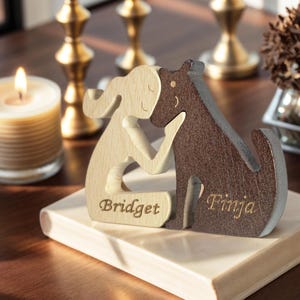 Adorno personalizado de madera para humanos y perros | Escultura de perro personalizada ? Figura de niña de madera con perro | Regalo veterinario | Regalo para amantes de los perros |