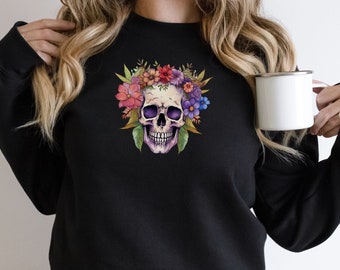 Bloom Skull Sweatshirt, Halloween sweatshirt, Floral Skull Boho, Womens Fall Sweater, Flower Skull Skeleton Crewneck, Skeleton Blooms