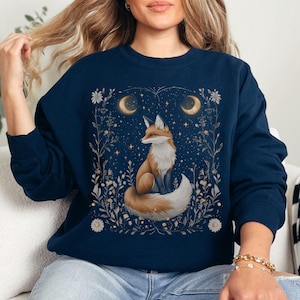 Celestial Fox Crewneck Sweatshirt Fox Sweater Nature Sweater Cottagecore Fox Sweater Nature Lover Gift Whimsigoth Sweater
