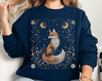 Celestial Fox Crewneck Sweatshirt Fox Sweater Nature Sweater Cottagecore Fox Sweater Nature Lover Gift Whimsigoth Sweater