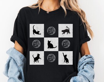 Moon and Cat Tshirt Womens Tshirt Kitty and Moon Cat Spirit Tshirt Cat with Moon Tshirt Tshirts with Cat and Moon Full Moon Cat Halloween