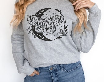 Celestial Lunar Moth Crewneck Sweatshirt, Moth Sweater, Butterfly Sweatshirt, Moon Sweatshirt, Gift for Her, Gift for Girlfriend, Lunar