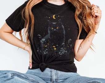 Floral Cat Moon Shirt Moon and Cat Tshirt Womens Boho Cat Cat Spirt Tshirt Celestial Cat Shirt Black Cat Shirt Cat Lovers Shirt Mystical Cat