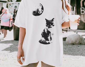Cat with Moon Women's Comfort Colors T-shirt Black Cat Shirt Weirdcore Graphic Tee Cat Spirit Tshirt Cat Lovers Gift Moon Tee Cat Lover
