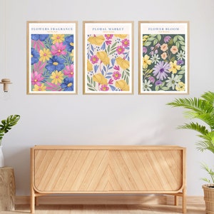 Flower Market Print Set of 3 art gallery Botanical Wall Art Colorful Posters Abstract Flowers Printable Art Prints Trendy Retro Flower Decor