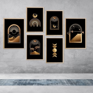 Modern Gallery Wall Art Set of 6 Sun Moon and Star’s Celestial wall art Decor, Mid Century Printable Wall Print Aesthetic hallway home decor