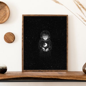 Kunstwerk Illustration Junge träumt vom Mond im sternenklaren Nachthimmel Wand Kunst Dekor, Boho Linie Kunstdrucke, Punkt druckbare Art Gallery Celestial Poster
