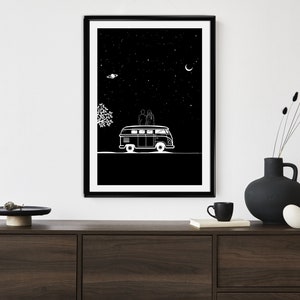 Paare genießen im Sternenhimmel Kunstwerk, Minimalismus Wand Kunst Illustration, Boho Kunstdrucke, Minimalist Line Art Gallery Celestial Poster